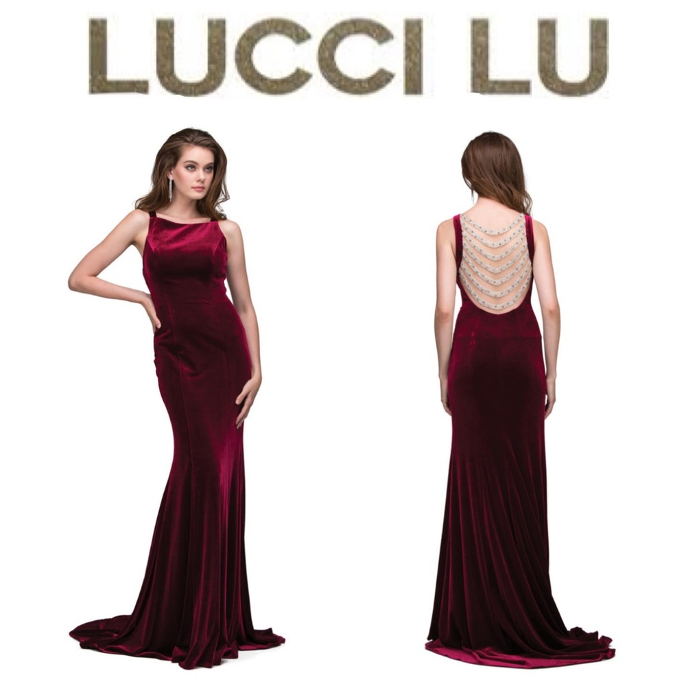 *Lucci Lu Burgundy Red Velvet Maxi Gown*
